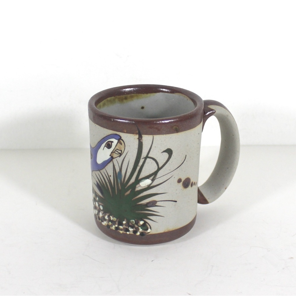 Vintage Signed Mateo Mexican Tonala Pottery Mug with Bird
